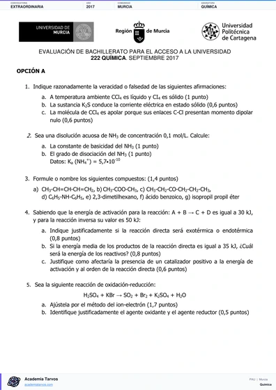 Vista previa de Examen PAU de Química de Región de Murcia 2017 – Extraordinaria