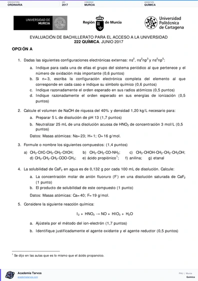 Vista previa de Examen PAU de Química de Región de Murcia 2017 – Ordinaria
