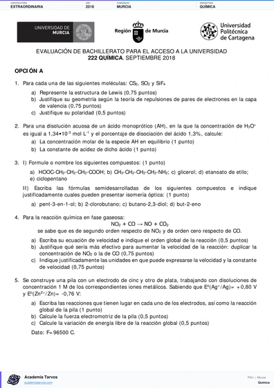Vista previa de Examen PAU de Química de Región de Murcia 2018 – Extraordinaria