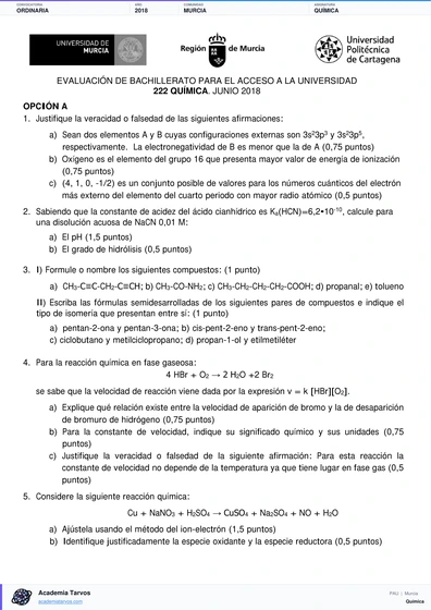 Vista previa de Examen PAU de Química de Región de Murcia 2018 – Ordinaria
