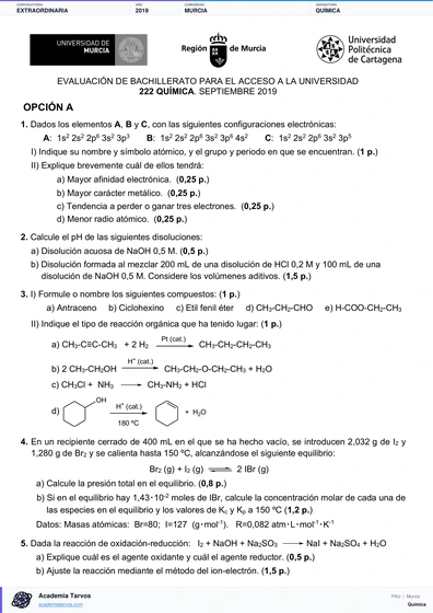 Vista previa de Examen PAU de Química de Región de Murcia 2019 – Extraordinaria