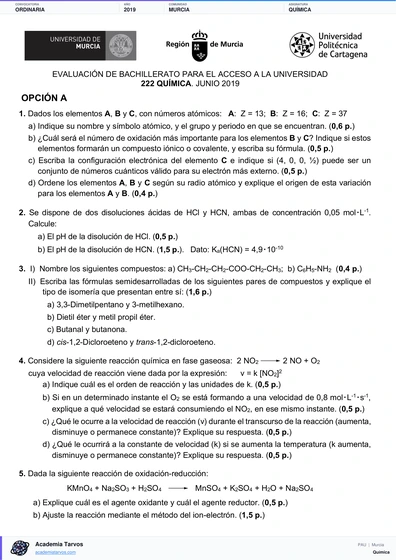 Vista previa de Examen PAU de Química de Región de Murcia 2019 – Ordinaria