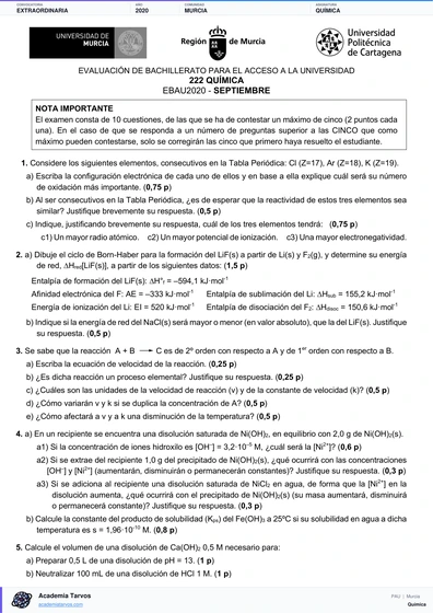 Vista previa de Examen PAU de Química de Región de Murcia 2020 – Extraordinaria