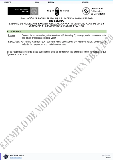 Vista previa de Modelo PAU de Química de Región de Murcia 2020