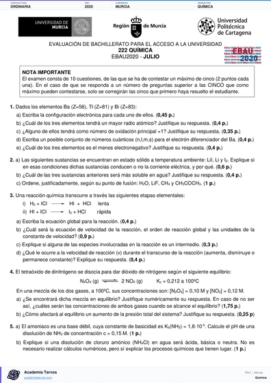 Vista previa de Examen PAU de Química de Región de Murcia 2020 – Ordinaria