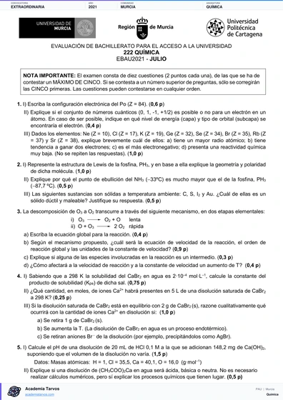 Vista previa de Examen PAU de Química de Región de Murcia 2021 – Extraordinaria