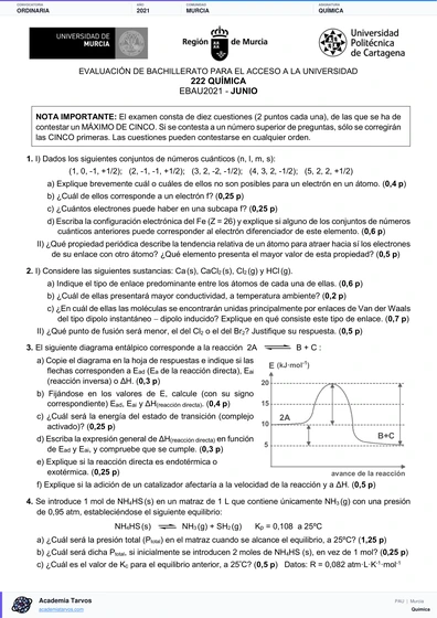 Vista previa de Examen PAU de Química de Región de Murcia 2021 – Ordinaria