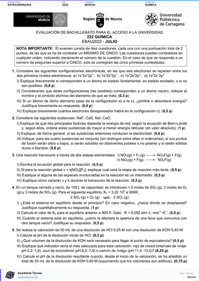 Vista previa de Examen PAU de Química de Región de Murcia 2022 – Extraordinaria