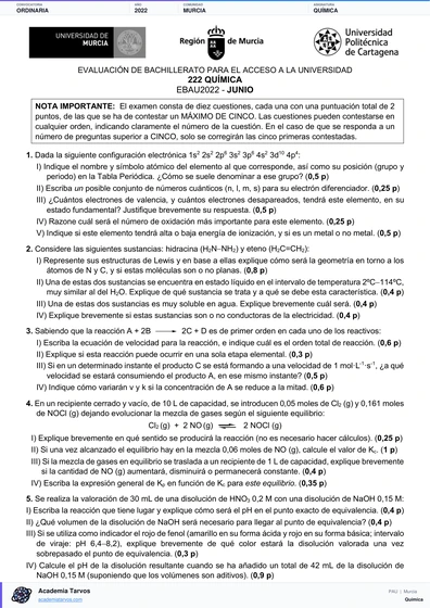 Vista previa de Examen PAU de Química de Región de Murcia 2022 – Ordinaria