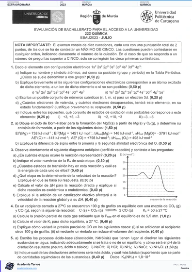 Vista previa de Examen PAU de Química de Región de Murcia 2023 – Extraordinaria