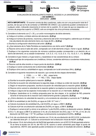 Vista previa de Examen PAU de Química de Región de Murcia 2023 – Ordinaria