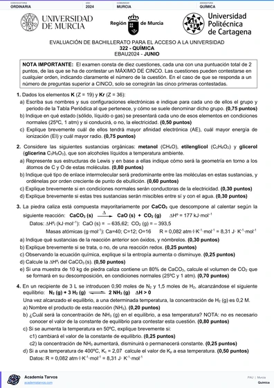 Vista previa de Examen PAU de Química de Región de Murcia 2024 – Ordinaria