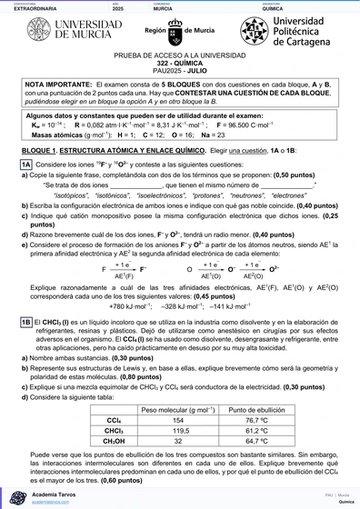 Vista previa de Examen PAU de Química de Región de Murcia 2025 – Extraordinaria