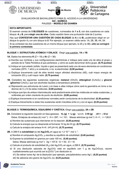 Vista previa de Modelo PAU de Química de Región de Murcia 2025