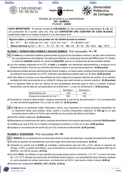 Vista previa de Examen PAU de Química de Región de Murcia 2025 – Ordinaria