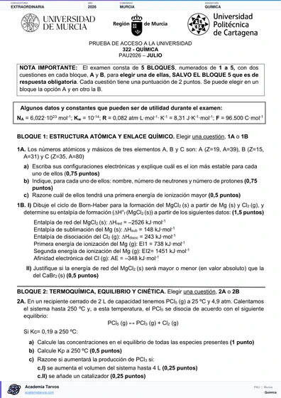 Vista previa de Examen PAU de Química de Región de Murcia 2026 – Extraordinaria