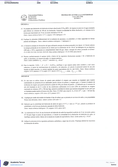Vista previa de Examen PAU de Química de Navarra 2006 – Extraordinaria