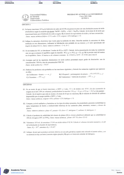 Vista previa de Examen PAU de Química de Navarra 2006 – Ordinaria