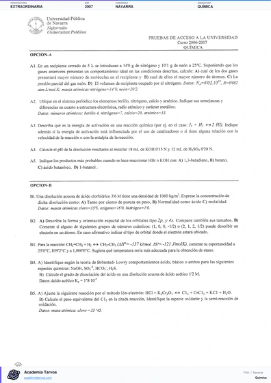 Vista previa de Examen PAU de Química de Navarra 2007 – Extraordinaria