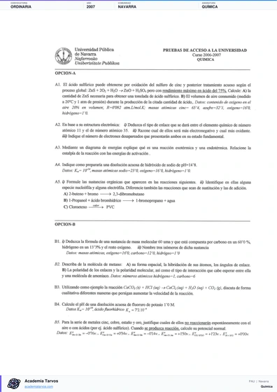 Vista previa de Examen PAU de Química de Navarra 2007 – Ordinaria