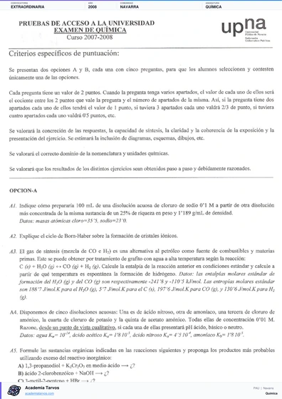 Vista previa de Examen PAU de Química de Navarra 2008 – Extraordinaria