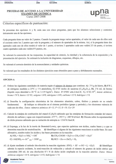 Vista previa de Examen PAU de Química de Navarra 2008 – Ordinaria