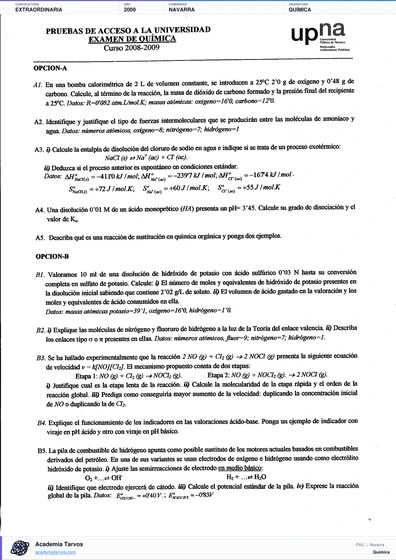 Vista previa de Examen PAU de Química de Navarra 2009 – Extraordinaria