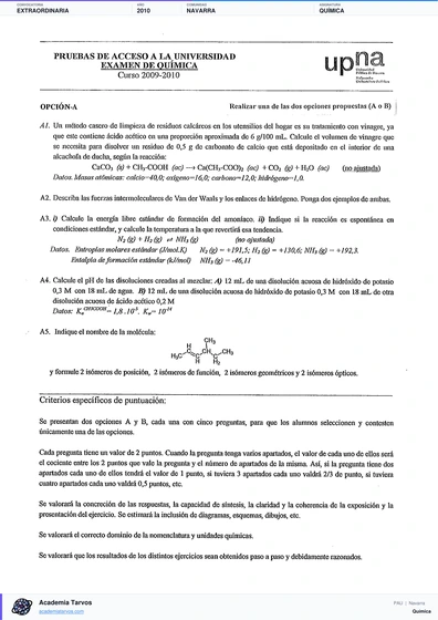 Vista previa de Examen PAU de Química de Navarra 2010 – Extraordinaria