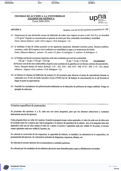 Vista previa de Examen PAU de Química de Navarra 2010 – Ordinaria