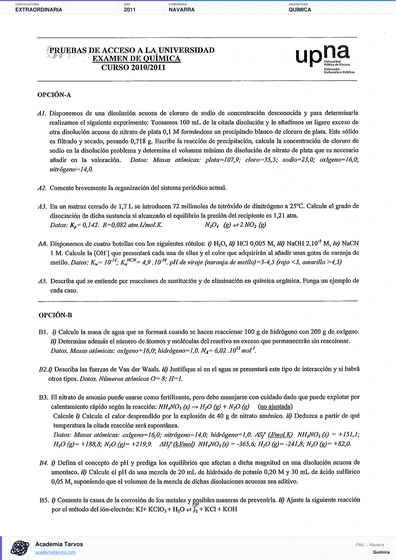 Vista previa de Examen PAU de Química de Navarra 2011 – Extraordinaria