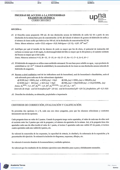 Vista previa de Examen PAU de Química de Navarra 2012 – Ordinaria