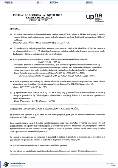 Vista previa de Examen PAU de Química de Navarra 2013 – Ordinaria