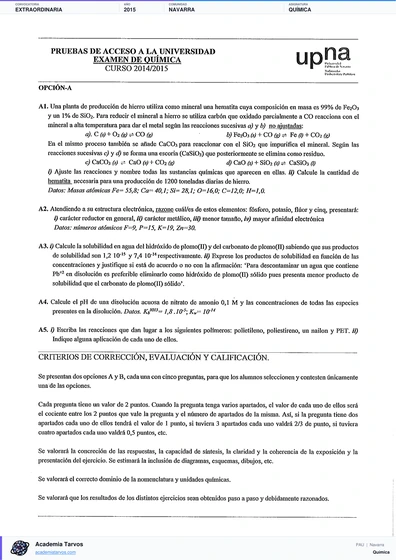 Vista previa de Examen PAU de Química de Navarra 2015 – Extraordinaria