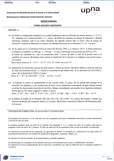 Vista previa de Examen PAU de Química de Navarra 2017 – Ordinaria