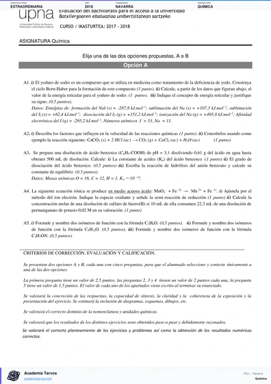 Vista previa de Examen PAU de Química de Navarra 2018 – Extraordinaria