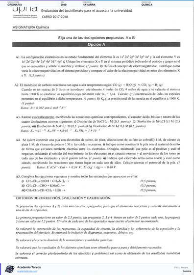 Vista previa de Examen PAU de Química de Navarra 2018 – Ordinaria
