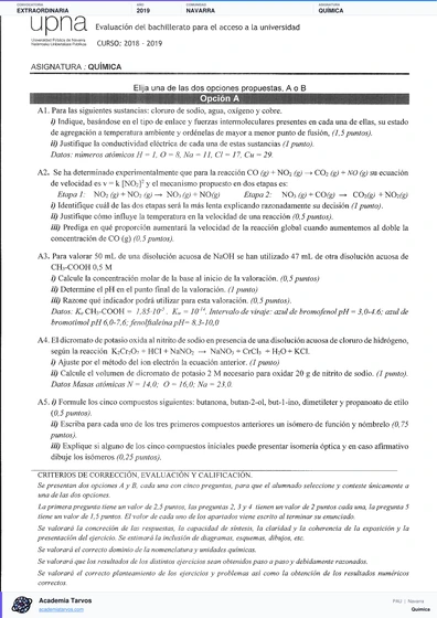 Vista previa de Examen PAU de Química de Navarra 2019 – Extraordinaria
