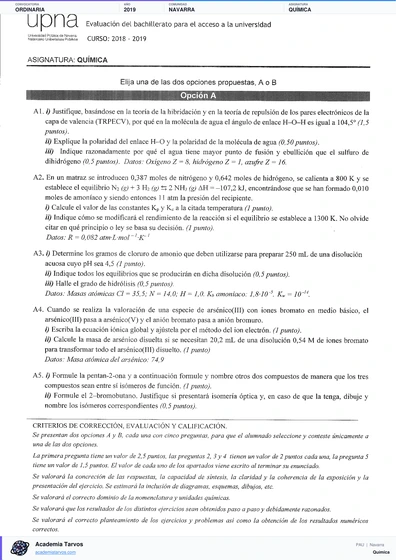 Vista previa de Examen PAU de Química de Navarra 2019 – Ordinaria