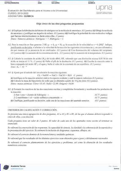 Vista previa de Examen PAU de Química de Navarra 2020 – Extraordinaria