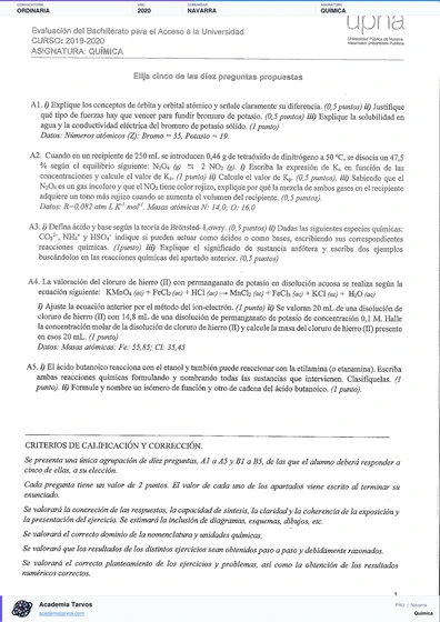 Vista previa de Examen PAU de Química de Navarra 2020 – Ordinaria