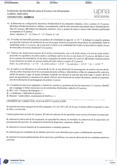 Vista previa de Examen PAU de Química de Navarra 2021 – Extraordinaria
