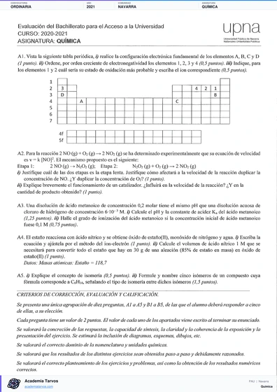 Vista previa de Examen PAU de Química de Navarra 2021 – Ordinaria
