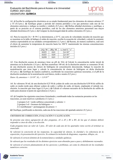 Vista previa de Examen PAU de Química de Navarra 2022 – Ordinaria
