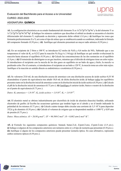 Vista previa de Examen PAU de Química de Navarra 2023 – Extraordinaria