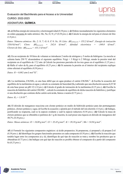 Vista previa de Examen PAU de Química de Navarra 2023 – Ordinaria
