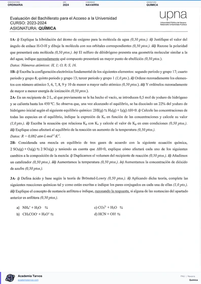 Vista previa de Examen PAU de Química de Navarra 2024 – Ordinaria
