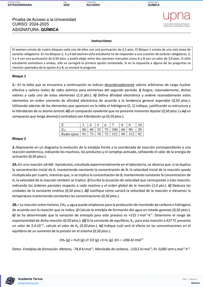 Vista previa de Examen PAU de Química de Navarra 2025 – Extraordinaria