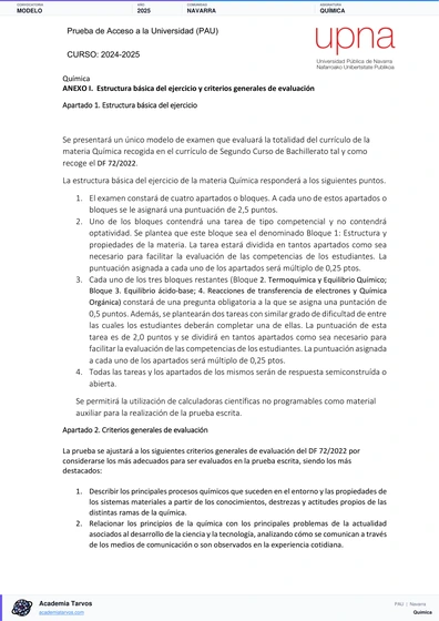 Vista previa de Modelo PAU de Química de Navarra 2025