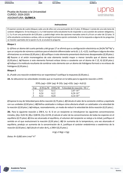 Vista previa de Examen PAU de Química de Navarra 2025 – Ordinaria