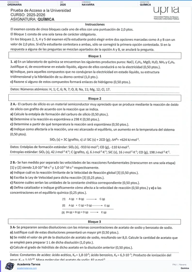 Vista previa de Examen PAU de Química de Navarra 2026 – Ordinaria